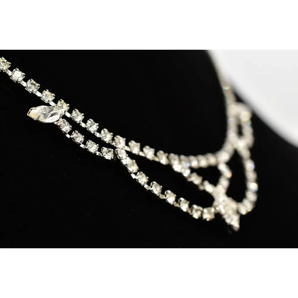 Vintage Crystal Collar Necklace Prong Rhinestone Silver Tone Shiny 1980s BinBD